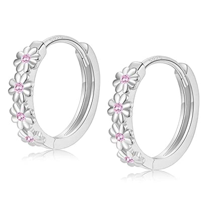 Sterling Silver Hoop Earrings for Women, Dainty Small Huggie Hoop Earrings | Hypoallergenic Daisy Color Cubic Zirconia Flower Hoops Earring Jewellery Gifts for Ladies Birthday Wedding, 12mm Hoop - color: Pink