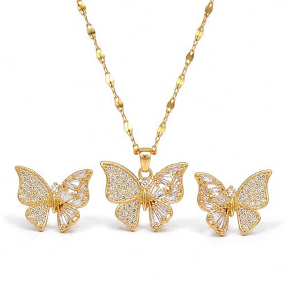 14K Gold Plated Butterfly Necklace and Earrings Set for Women | Dainty Cubic Zirconia Inlaid, Minimalist Stainless Steel Chain Choker, Elegant Trendy Jewelry Gifts