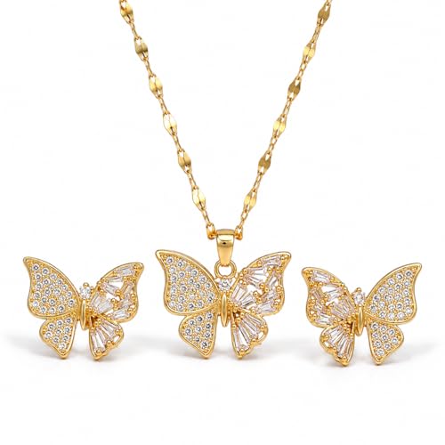 14K Gold Plated Butterfly Necklace and Earrings Set for Women | Dainty Cubic Zirconia Inlaid, Minimalist Stainless Steel Chain Choker, Elegant Trendy Jewelry Gifts