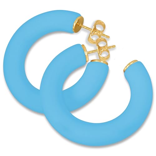 Gold Plated Multicolor Resin Chunky Thick Open Hoop Earrings in 57MM and 37.5MM Diameters - color: Blue - Bright - Matte Finish, size: 37.5MM (1.48") Diameter