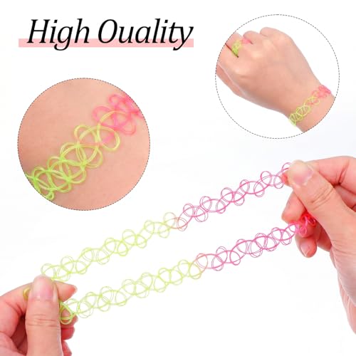 18 Pcs 90s Tattoo Choker Necklace, Bracelet & Ring Set Stretch Gothic Black Lace Vampire Accessories Retro Grunge Aesthetic Tattoo Effect Jewelry Accessories for Women - color: Rainbow