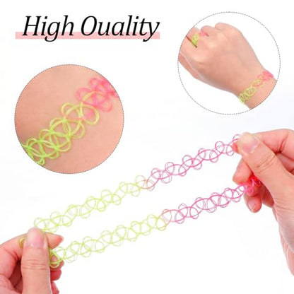 18 Pcs 90s Tattoo Choker Necklace, Bracelet & Ring Set Stretch Gothic Black Lace Vampire Accessories Retro Grunge Aesthetic Tattoo Effect Jewelry Accessories for Women - color: Rainbow