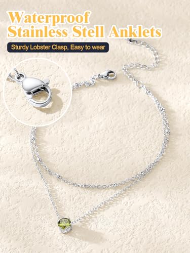 U7 Silver Ankle Bracelet for Women, Waterproof Layered Ankle Round Gem Birthstone Anklets, Summer Beach Foot Jewelry, Adjustable 8.5"-10.5" - color: 08.August-Peridot Yellow
