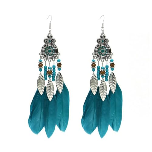 Boho Western Earrings for Women Western Feather Earrings Vintage Concho Turquoise Teardrop Dangle Earrings Country Concert Jewelry Accessories - style: Blue feather