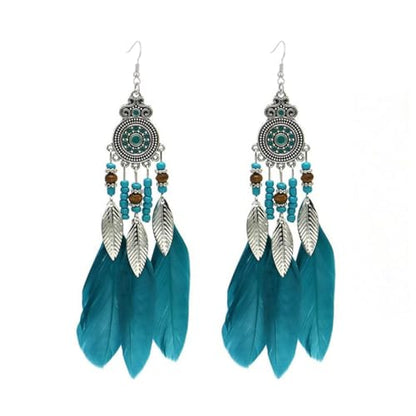 Boho Western Earrings for Women Western Feather Earrings Vintage Concho Turquoise Teardrop Dangle Earrings Country Concert Jewelry Accessories - style: Blue feather