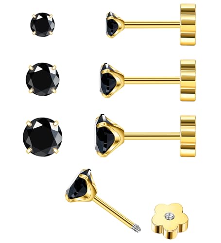 14K Gold CZ Flat Back Earrings for Women Hypoallergenic Cartilage Cubic Zirconia Earrings Studs 20G Handmade Nap Screw Back Earrings for Helix Conch Multiple Piercing - color: Black-CZ