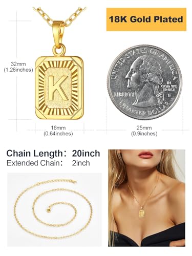 U7 Initial Necklaces for Women, Square Letter Pendant Necklace | Gold & Silver Plated A-Z Pendant | Personalized Large Monogram | 20+2" Adjustable Chain | Gift Packed for Mom Wife Friends - color: a. Gold, style: K