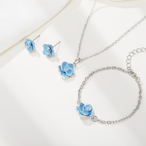 EleQueen Rose Flower Necklace Earrings Bracelet Set for Women - color: Light Blue-Silver