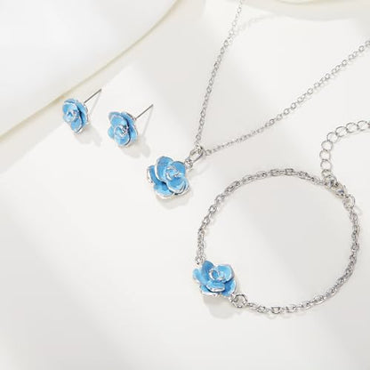 EleQueen Rose Flower Necklace Earrings Bracelet Set for Women - color: Light Blue-Silver