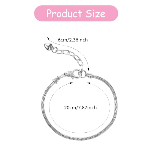 30 Pieces Adjustable Silver Snake Charm Bracelet Chains with Heart Lobster Clasp Extender DIY Jewelry Making Supplies for Women (7.87 Inch)