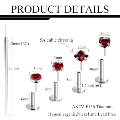 Ruifan Titanium Flat Back Lip Rings Threadless Push in Earrings Studs Nose Rings 20G 18G 16G Round Heart Square CZ Tragus Cartilage Lobe Rook Helix Conch Labret Medusa Piercing Jewelry for Women Men - color: Red CZ, size: 16G-6/8/10mm