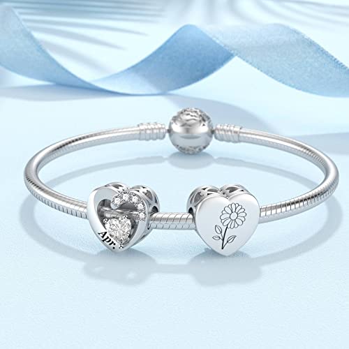 SEVENWELL Jan-Dec Birthstone Charms for Pandora Bracelets, Heart Charm | Fits Most European Charm Bracelets, Sparkling Heart CZ, Birth Flower Engraved, Gift Ready, Nickel-Free - color: April Birthstone Charm