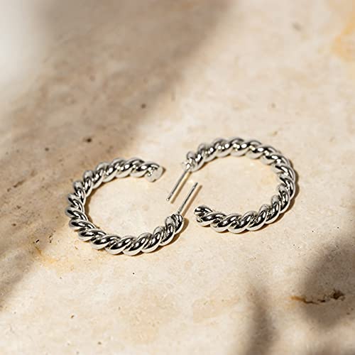 PAVOI 14K Gold Plated Twisted Rope Round Hoop Earrings - color: White Gold, size: 25 MM