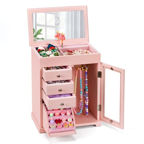 Miratino Jewelry Box for Girls, Kids Jewelry Box with Spinning Dancer, 5 Layer Large Wooden Musical Jewelry Organizer Box Gifts for Little Girls Christmas New Year Birthday Children's Day(Pink) - color: Pink, size: 5 Tier