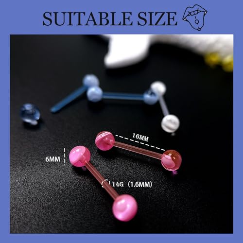 12PCS Soft Flexible Acrylic Plastic Tongue Rings | Barbells 14G 16mm for Women Nipple Rings Candy Color Tongue Piercing Jewelry Retainer for Surgery