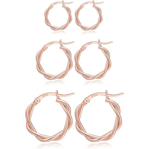 PABBEU 925 Sterling Silver Small Hoop Earrings Set for Women Hypoallergenic | 3Pairs Cubic Zirconia Small Huggie Hoop Earrings Set 13/15/20mm,Nickel-Free Lightweight Comfortable Sleeper Earrings Gift Set - color: 13/15/20mm M Rose Gold