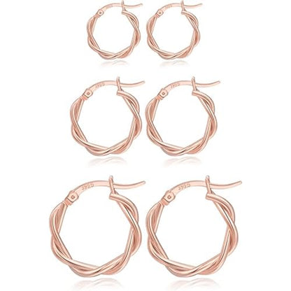 PABBEU 925 Sterling Silver Small Hoop Earrings Set for Women Hypoallergenic | 3Pairs Cubic Zirconia Small Huggie Hoop Earrings Set 13/15/20mm,Nickel-Free Lightweight Comfortable Sleeper Earrings Gift Set - color: 13/15/20mm M Rose Gold