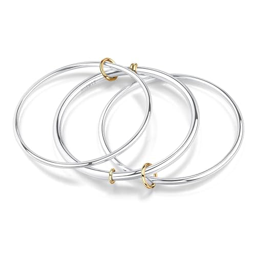 NOKMIT Triple Interlocked Stackable Bangle Bracelets for Women 3-Pack Two-Tone High Polished Stainless Steel Bangle Set Classic Plain Thin Non-Tarnish Gold&Silver - color: Silver Bangle-3PCS, size: Large