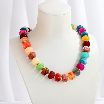 Chunky Beads Necklace for Women Trendy Gold Puffy Heart Choker Necklace Colorful Resin Beaded Heart Pendant Necklaces Statement Jewelry - color: Round-Colorful