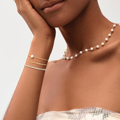 MEVECCO Dainty Chain Bracelets for Women, Layered and Charm Styles | 14K Gold Plated Brass, Select Cubic Zirconia Accents, Single and Multi-Row Structures for Refined Everyday Wristwear - style: 2 Layer 1 Pearl Lace Chain
