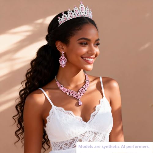 Kamirola Bridal Wedding Tiara Crown Jewelry Set for Women/Brides/Bridesmaids Crystal Jewelry Set for Wedding Prom Party Bridal Crystal Necklace Earrings Bracelet Set(TR60) - color: Silver Pink