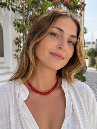 Red Beaded Necklace for Women, 5x8mm Stone Choker with Gold Clasp | Bold Boho Statement Jewelry for Colorful Everyday Outfits