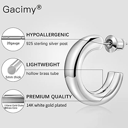 14K Gold Plated Chunky Open Hoop Earrings for Women | Lightweight Hollow Tube Hoop Earrings with 925 Sterling Silver Post, Chunky C Shape Design, Trendy Jewelry Gift for Women
