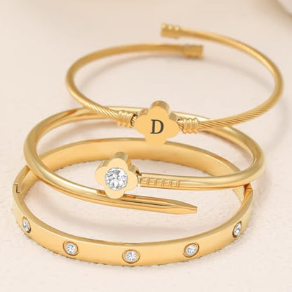 14K Gold Plated Personalized Flower Bracelet Set with Initial Charm Trendy Stackable Jewelry for Women - style: style1 D
