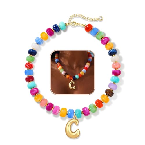 Colorful Chunky Beaded Necklaces for Women Bubble Letter Initial Choker | Boho Statement Bead Necklace, Personalized Rainbow Gemstone Necklaces, Baublebar Gold Necklace Stack, Summer Beach Jewelry - color: Initial C