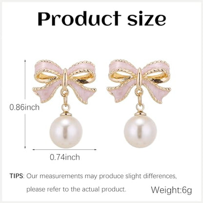 Pearl Bow Earrings for Women Coquette Aesthetic Jewelry Rhinestone Bow Earrings for Bridesmaids Wedding Party Accessories Bridal Costume Accents Bowknot Themed Gifts - color: B1: Pink Bow Pearl Earrings
