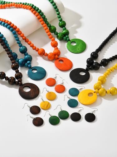 LOTSOF Boho Wooden Beaded Necklace and Earring Set for Women, Bohemian Chunky Statement Costume Jewelry, Round Drop Pendant Retro Ethnic Accessories Ladies Gift - color: Black