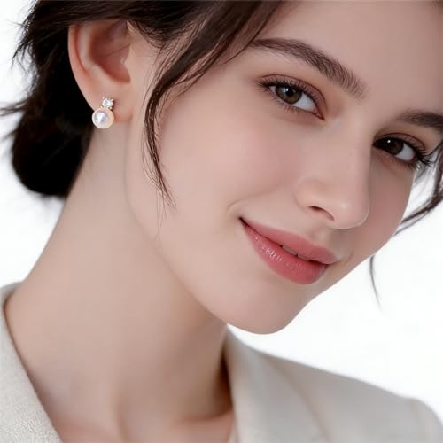 Faux Pearl Cubic Zirconia Stud Earrings, Hypoallergenic Lightweight Round Pearl Studs for Women - color: Pinkish White, size: Pearl 10mm-CZ 6mm