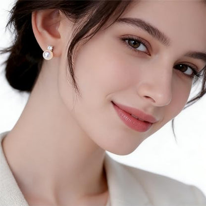 Faux Pearl Cubic Zirconia Stud Earrings, Hypoallergenic Lightweight Round Pearl Studs for Women - color: Pinkish White, size: Pearl 10mm-CZ 6mm