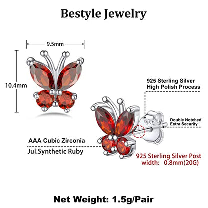 Bestyle Gold Butterfly Earrings for Women, Dainty Cute Birthstone Studs Hypoallergenic Jewelry, Great Birthday Gift - style: 07.July(Ruby)-STUD