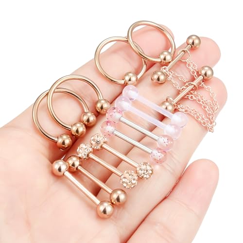Hoeudjo 14Pcs 14G Surgical Steel Chain Dangle Nipple Rings Barbell Piercing Jewelry Retainer for Women - color: 7 Pairs/14G/Rose Gold