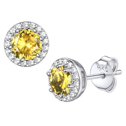 Bestyle 8mm Small Birthstone Earrings for Women with Hypoallergenic Sterling Silver Post,Sparkle Heart/Round Womens Studs Earrings, Great Birthday/Christmas/Anniversary Jewelry for Wife Mother - color: 11. Nov. Yellow Topaz-Round