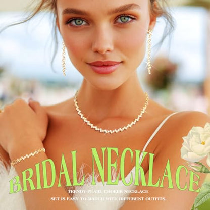 JEAIRTS Rhinestone Tennis Chain Choker Necklace Jewelry Sets for Women | 3Pcs Diamond Bridal Necklace Earrings and Bracelet for Wedding Prom - color: 2-Gold