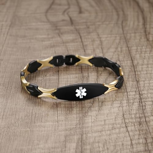 LinnaLove Fashion Shiny medical alert bracelet with Free Engraving Stainless steel Medical id bracelet for Women - color: BLACK-GOLD