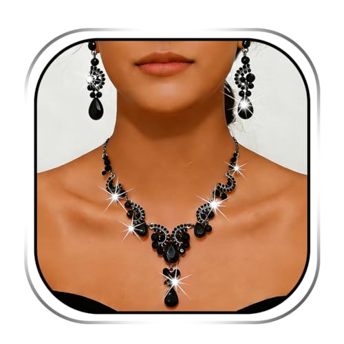 Sixexey Rhinestone Jewelry Set Crystal Necklace and Earrings Wedding Prom Jewelry Accessories for Women - color: Black