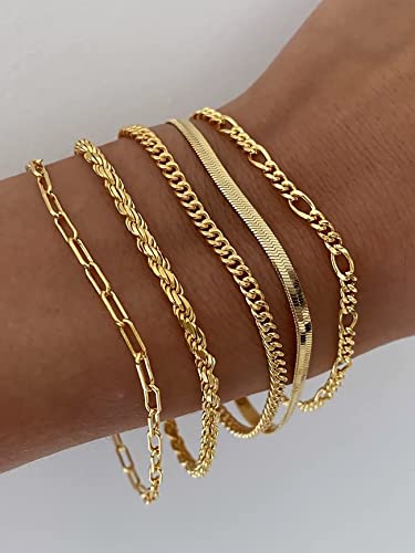 Gold Bracelets Sets for Women Waterproof | Non Tarnish Gold Plated Cuban Paperclip Link Chain Stackable，Trendy Jewelry Accessories Gifts for Women - style: 6Pcs BRACELET SET-03