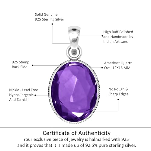Chunky Natural Gemstone Pendant Necklace For Women Onyx, Turquoise, Amber, Garnet Oval Boho Genuine 925 Sterling Silver Handmade Jewelry - color: Amethyst Quartz