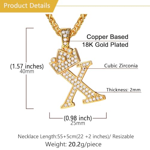 U7 Crown Initial Necklace Men Women, Bling Diamond A-Z 0-9 Letter Pendant with Wheat Chain, Silver/Black/Gold Plated CZ Alphabet Number Hip Hop Jersery for Father Husband - color: a. Gold, size: 24. X