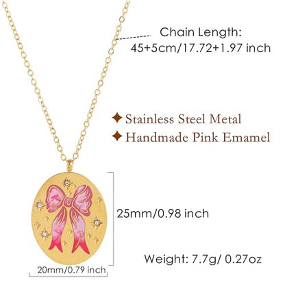 Gold Compass Charm Necklace for Women, Trendy Simple Dainty Inspirational Compass Butterfly Bow Knot Red Christmas Mug Sun Friendship Necklaces Graduation Gifts - style: Oval Pink Bow Knot