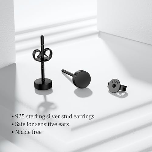 JIAYIQI Minimalist 925 Sterling Silver Stud Earrings Set, 14K Gold Plated Hypoallergenic Tiny Bar Dot Heart Star Studs for Women & Men - style: Black-Dot-1Pair