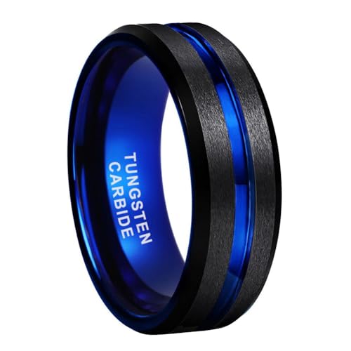 TUTISS 6mm 8mm Silver/Black/Blue/Gunmetal/Gold/Rose Gold Tungsten Rings for Men Women Fashion Engagement Wedding Bands Matte Finish Beveled Edges Comfort Fit - color: 8mm Black Blue Tungsten