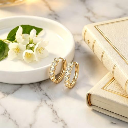 Women's 925 Sterling Silver Earrings -14mm, Exquisite White Heart Hoop Earrings With Sparkling Cubic Zirconia, Lightweight Hypoallergenic, Fashion Cute Jewelry Gift, Daily And Party Wear - color: Gold