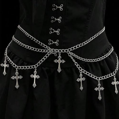 Thorn Heart Waist Chain Belt - Punk Gothic Crossover Body Belly Chains Tassel for Women Girl - color: Cross 1