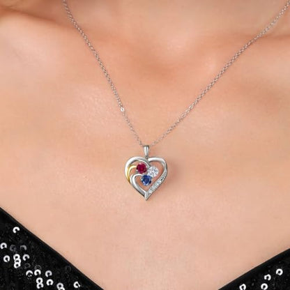 Gem Stone King Customized Engraved 3-Stone Pendant Necklace For Women | 925 Sterling Silver & 10K Yellow Gold | Personalized Gemstone Birthstone and Lab Grown Diamond Necklace | 18 Inch Chain