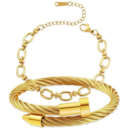 2PCS 18K Gold Plated Nail Bangle & Chain Bracelet Set for Women, Adjustable Stackable Bangle Jewelry, Dainty Gold Bracelet Gift for Women - color: Set L