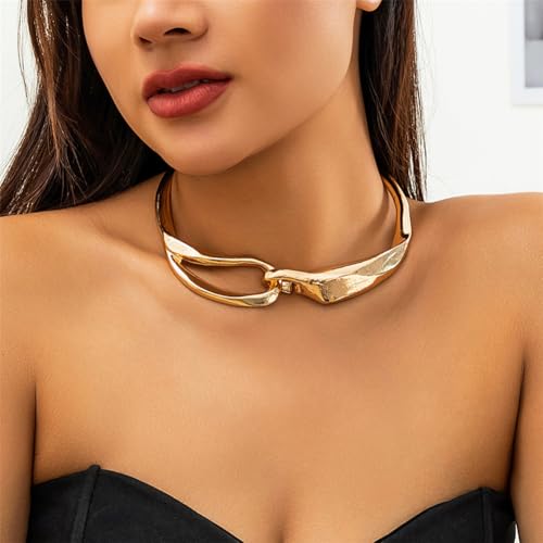 Chunky Gold Necklace Big Statement Chunky Necklace for Women African Tribe Wide Metal Choker Necklaces Jewelry - color: 07 Gold